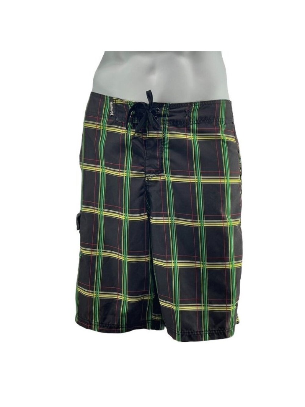 Hurley Mens Plaid Board Shorts Black/Yellow/Red Recycled Polyester Cargo Pocket